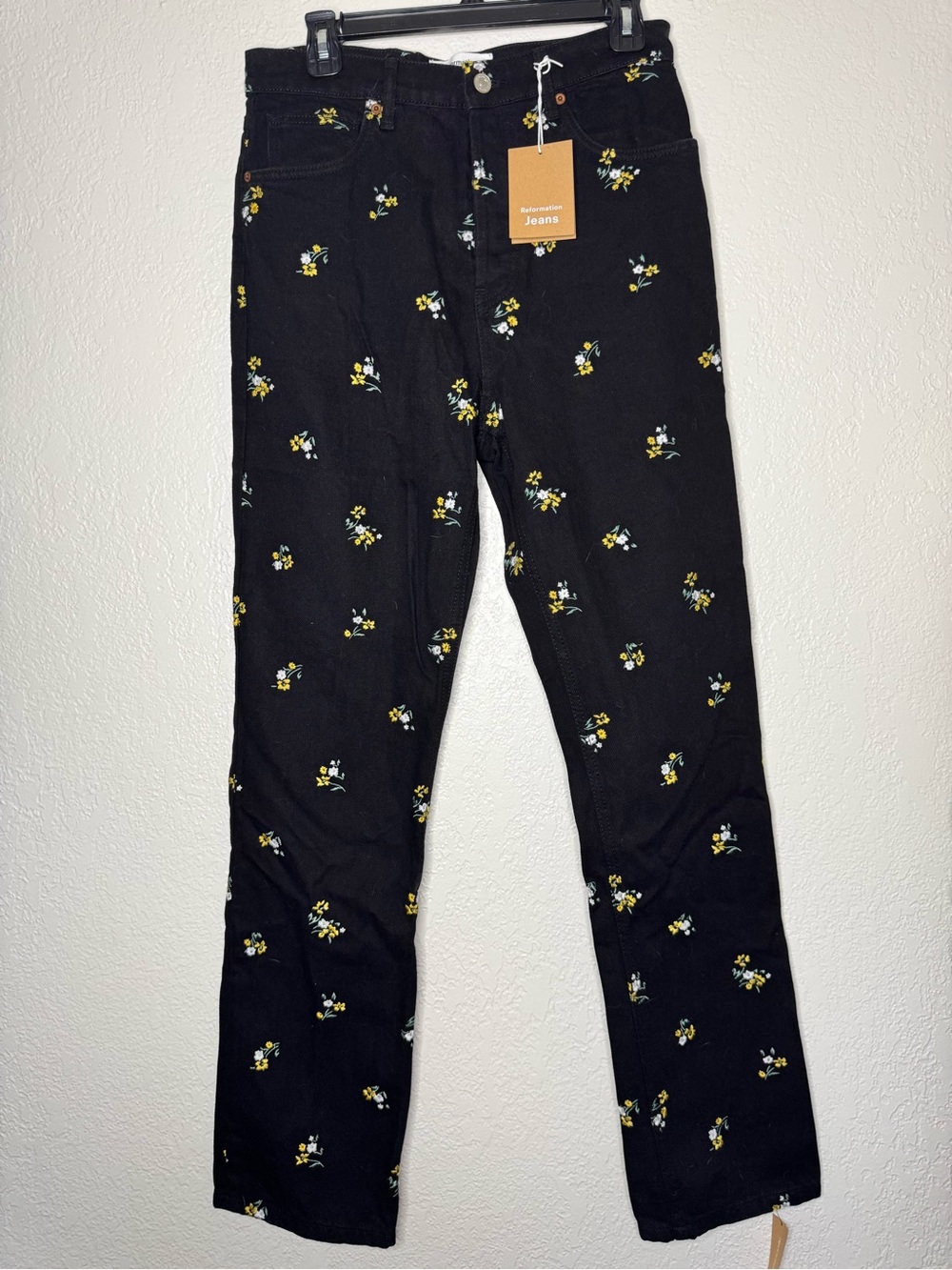 Reformation Cynthia Straight-Leg Jeans with Yellow & White Floral Embroidery